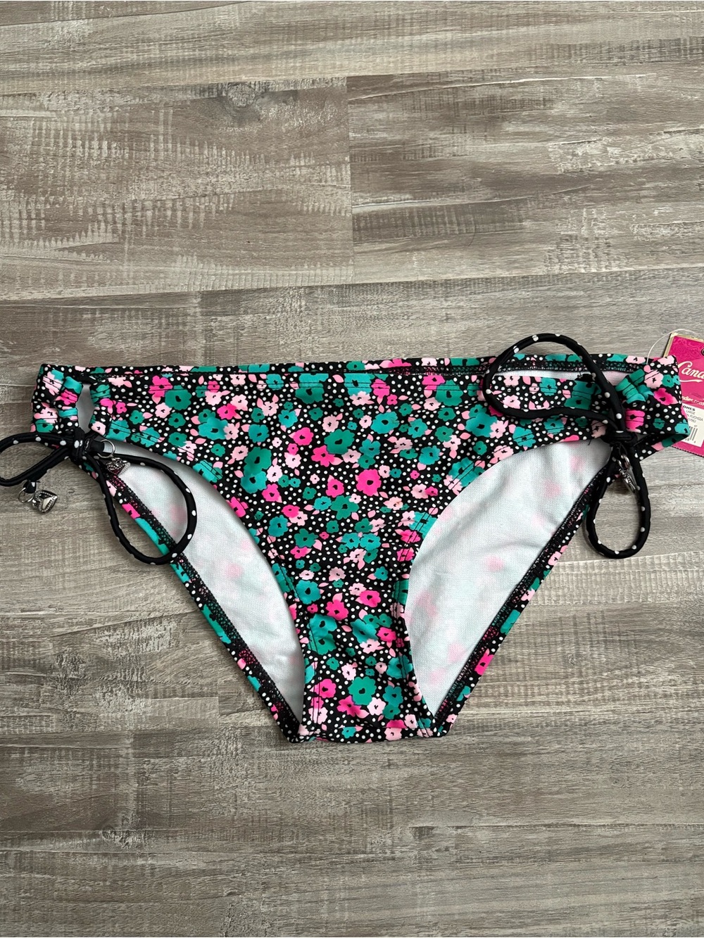 Candie's Floral Swim Bottoms with heart charms,Black, Teal & Pink Large New